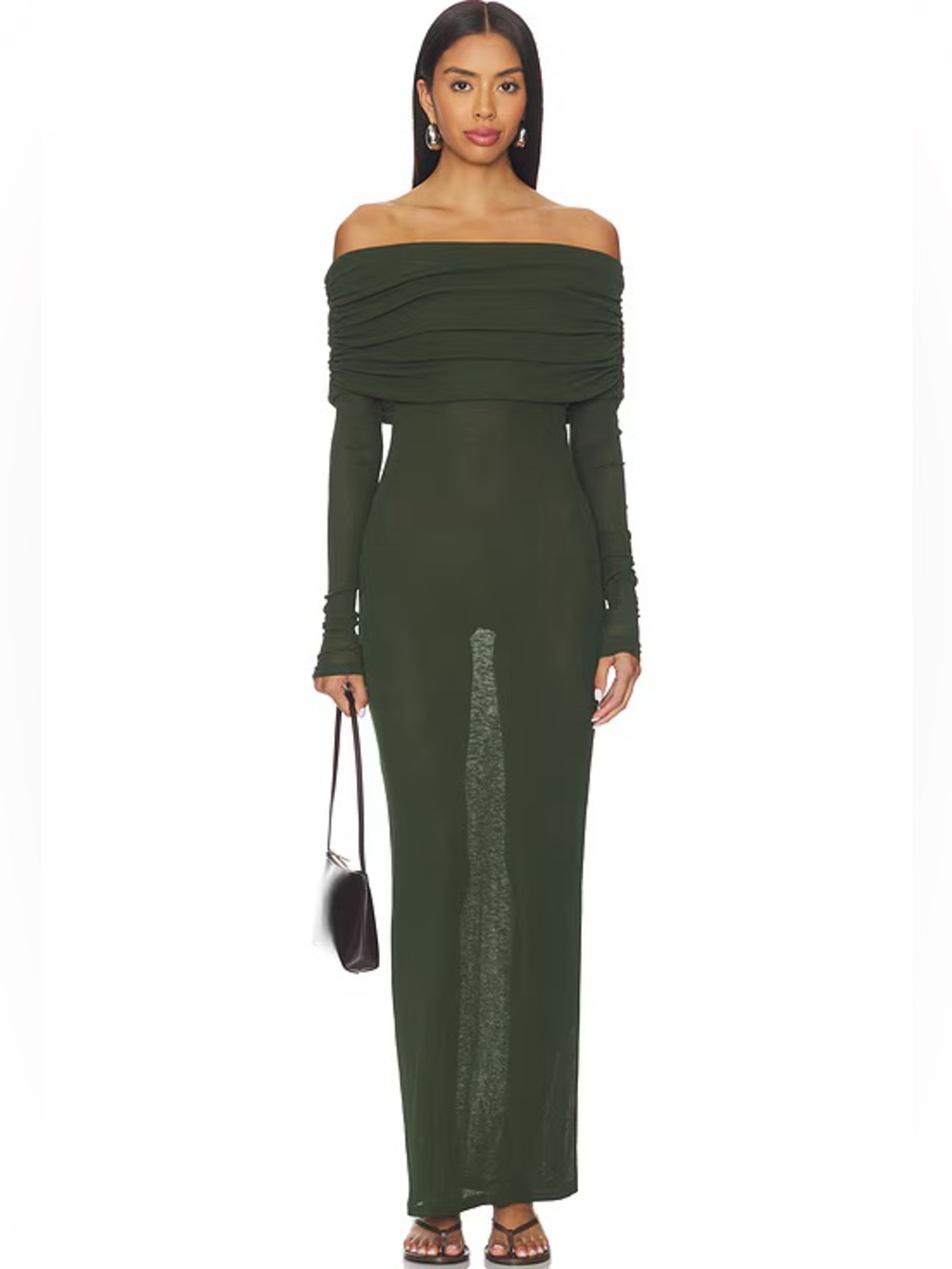 Superdown Revolve Chantal sheer Forest Green maxi gown off shoulder Dress Small